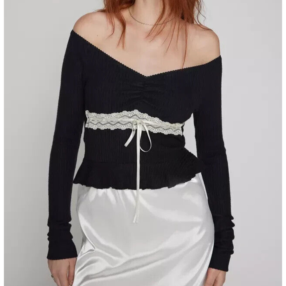 NWT Kimchi Blue Women's Black Ribbed Off-The-Shoulder Lace-Inset Top Size Small